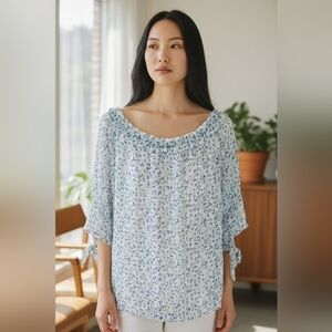 Max studio L flowy boho ruffle scoop neck 3/4 sleeve sheer light top floral